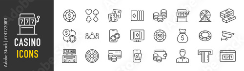 Casino web icons in line style. Playing card, casino, win, roulette, poker chips, card suit, mobile casino. Vector illustration.