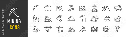 Mining web icons in line style. Diamond, gold, mine, ore, pickaxe, coal wagon. Vector illustration.