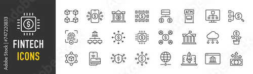 Fintech web icons in line style. Digital banking, insurtech, fintech, cryptocurrency, neobank, cloud tech. Vector illustration.