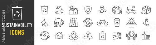Sustainability web icons in line style. Ecology, recycle, nature, sustainability, green factory. Vector illustration.