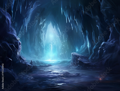 A hidden ice cave behind a massive frozen waterfall, lit by advanced, energy-efficient LED technology