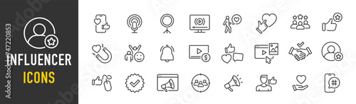 Influencer web icons in line style. Content, community, promotion, influencer, social media, ambassador. Vector illustration.