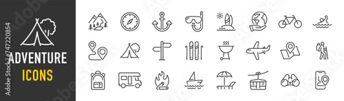 Adventure web icons in line style. Journey, travel, adventure, camping, mountain, hike. Vector illustration.