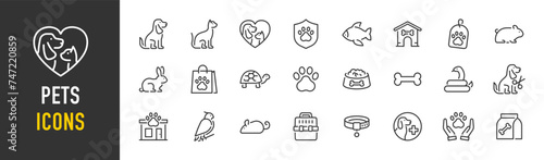 Pets web icons in line style. Dog, cat, rabbit, hamster, bird, bone, pets, vet help. Vector illustration.