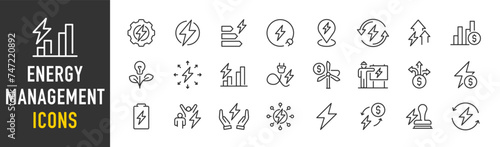 Energy management web icons in line style. Sustainable development, recycling, waste reduction, green energy, climate stability. Vector illustration.