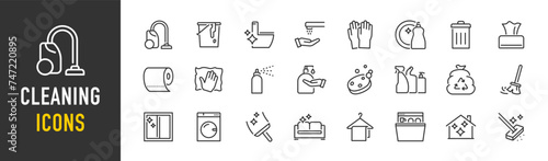 Cleaning web icons in line style. Dusting, cleaning, vacuuming, washing, changing, organizing. Vector illustration.