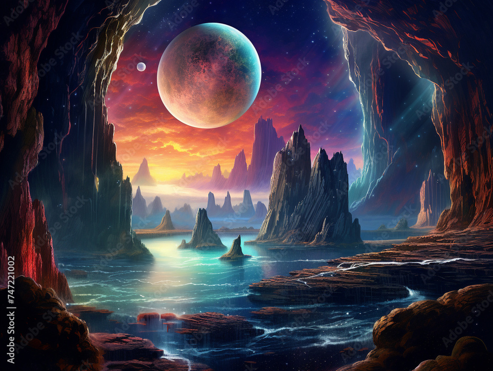 Ethereal landscape with a vivid lunar rainbow arching over glowing rocks, a surreal night scene