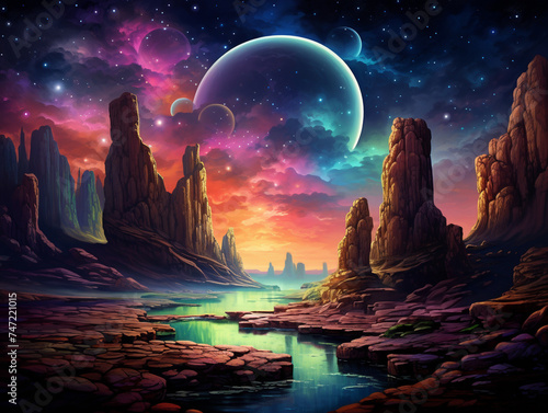 Ethereal landscape with a vivid lunar rainbow arching over glowing rocks, a surreal night scene photo