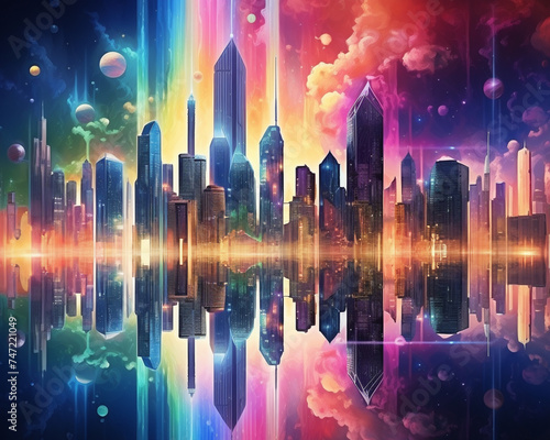 Futuristic cityscape with skyscrapers casting reflections in water, a vivid rainbow arching between towers photo