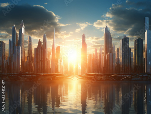 Futuristic cityscape with sunbeams filtering through high-tech pollution filters, casting light on clean streets