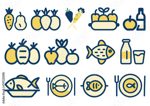 Set of flat food  fruit  vegetable  fish icon  vector illustration.