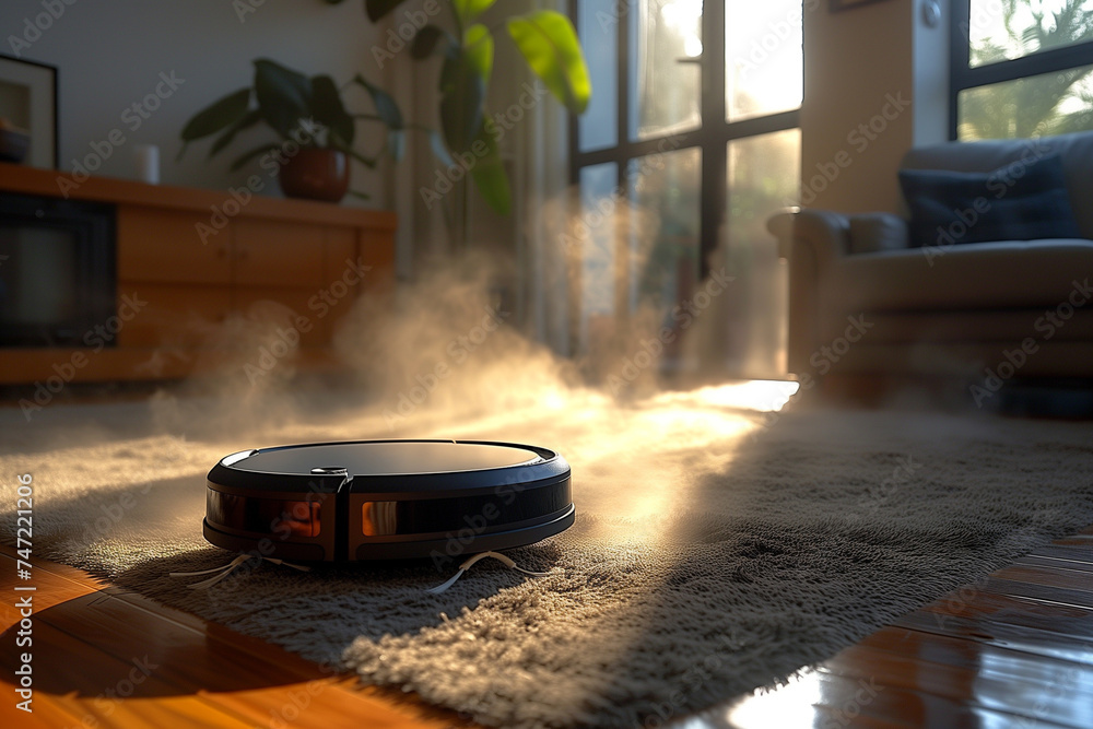 A robot vacuum is cleaning the living room floor by autonomously moving around and sucking up dirt and debris, vacuum robot cleaning the dust on the floor A robot vacuum is cleaning the living room floor by autonomously moving around and sucking up dirt and debris, vacuum robot cleaning the dust on the floor