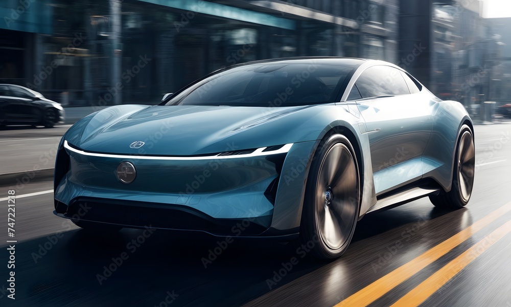 This concept electric sedan in teal glides through the cityscape, showcasing its smooth contours and urban adaptability. The fusion of luxury and technology sets a new standard for city commuting.