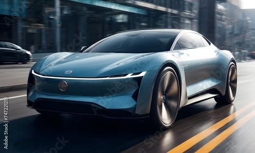 This concept electric sedan in teal glides through the cityscape, showcasing its smooth contours and urban adaptability. The fusion of luxury and technology sets a new standard for city commuting. © video rost