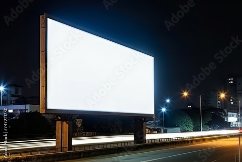 A large blank billboard stands on the side of a road at night.communication, Marketing and Advertising concept.