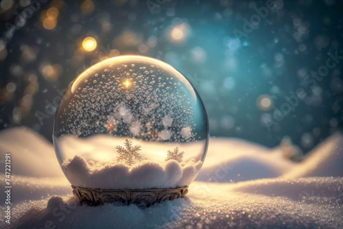 Holiday Card. Transparent Snow globe with snow and snowflakes inside. Christmas glass ball on snow. Generative AI