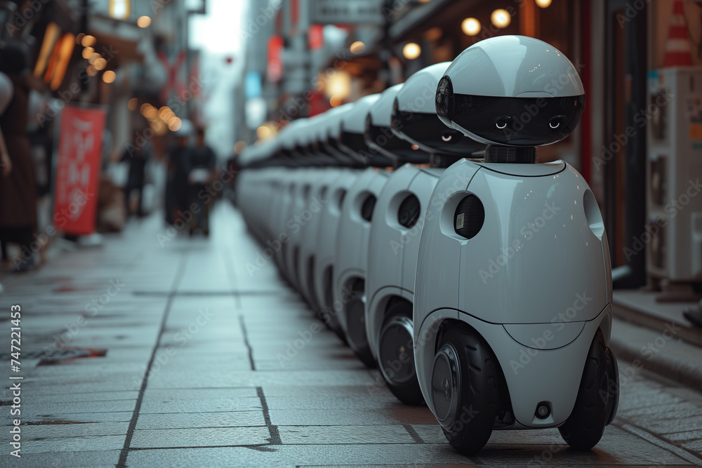 A group of white modern robot cars used for garbage collection lined up along the side of a city street, modern vacuum robots cleans streets A group of white modern robot cars used for garbage collection lined up along the side of a city street, modern vacuum robots cleans streets