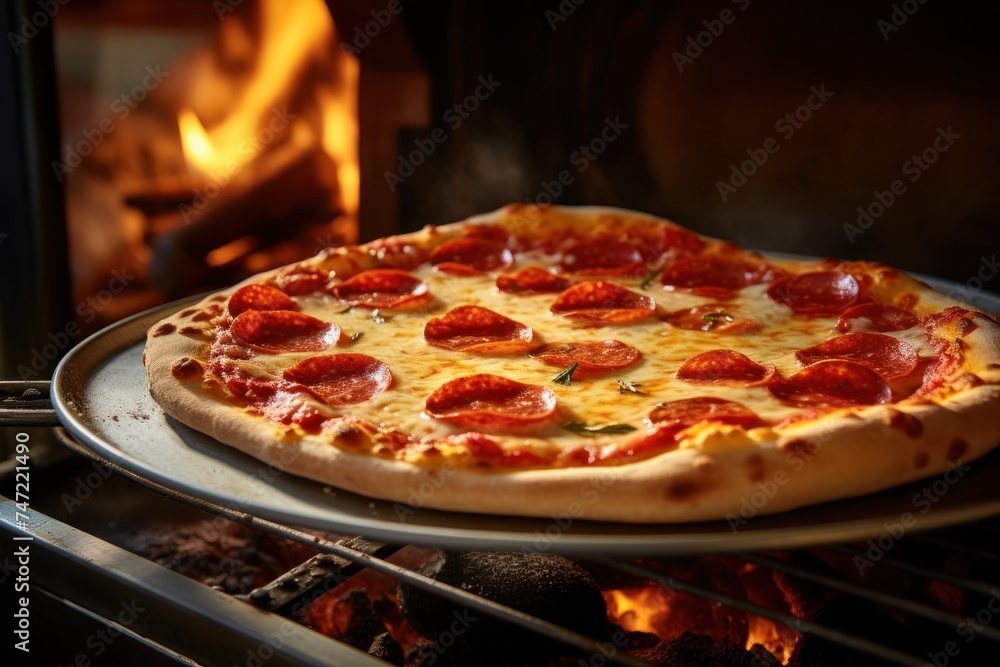 Pepperoni Pizza coming out of oven 