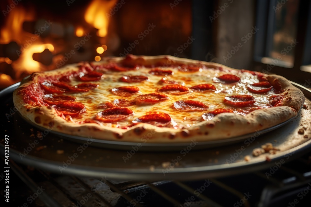 Pepperoni Pizza coming out of oven Pepperoni Pizza coming out of oven