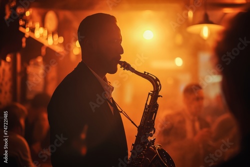 Silhouette of a Saxophonist Playing in a Jazz Bar Under Warm Light