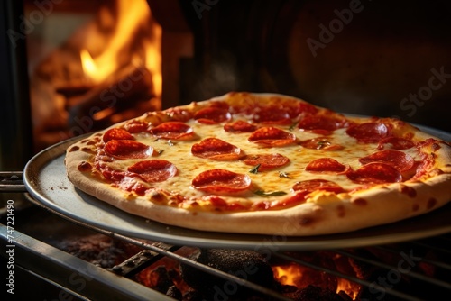 Pepperoni Pizza coming out of oven 