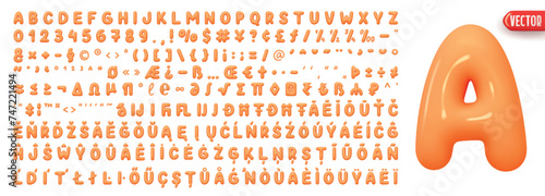 Fonts orange colors, Complete set of alphabetic letters and symbols and signs, numbers. Font realistic 3d design plastic balloons style. Language support French, German. Vector illustration