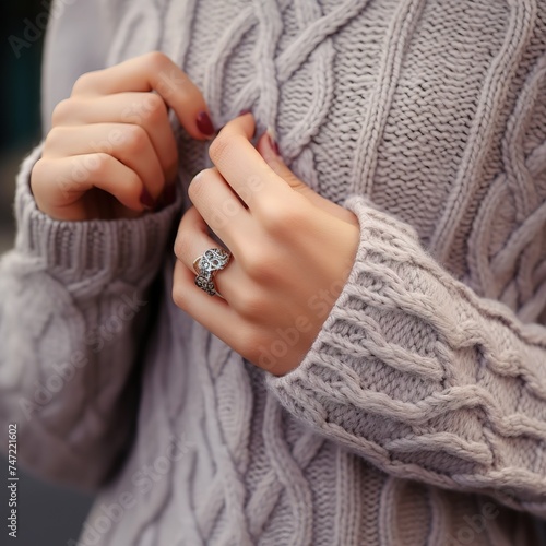 Manicure of female hands with silver ring close up view wearing knitted sweater. Woman in winter clothes. Photography of people, thin hands make a close-up, cozy