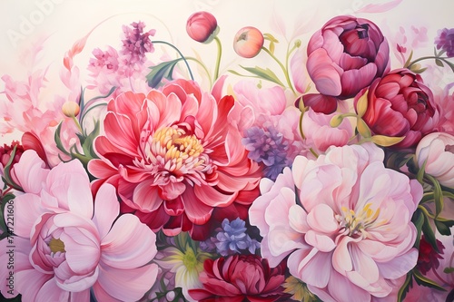A close-up view of watercolor flowers in varying shades of pink  elegantly arranged to form a captivating and timeless floral masterpiece.