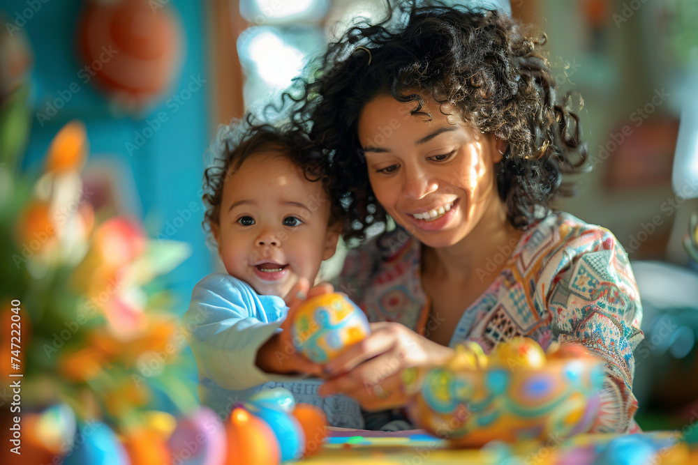 a woman and a baby are decorating easter eggs at a table - obrazy, fototapety, plakaty 