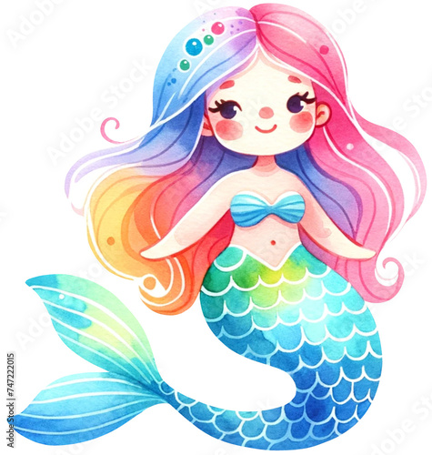 Watercolor mermaid fantasy Colorful character illustration