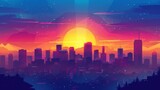 A digitally created city skyline against a backdrop of sunset colors and starry sky, invoking a serene urban atmosphere.
