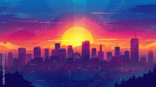 A digitally created city skyline against a backdrop of sunset colors and starry sky  invoking a serene urban atmosphere.