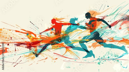 Dynamic abstract representation of sprinters racing, conveyed through a motion blur of explosive, colorful brush strokes.