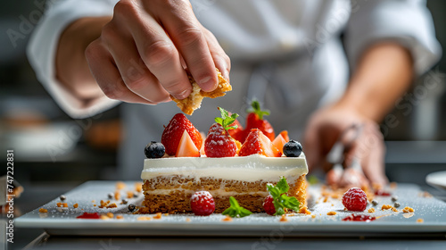 A chef is garnishing a white plate with dessert. The dessert is surrounded by more plates of desserts in the background.