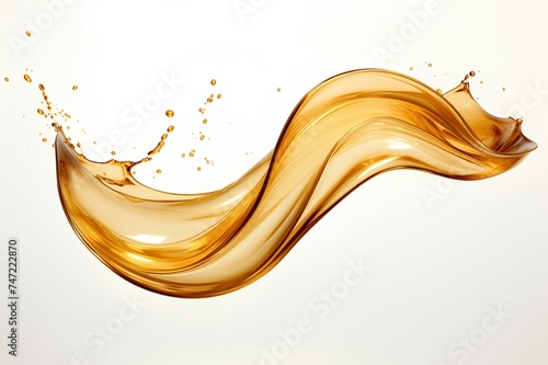A high-speed capture of golden oil cascading in a captivating pattern, isolated on a clean white backdrop.