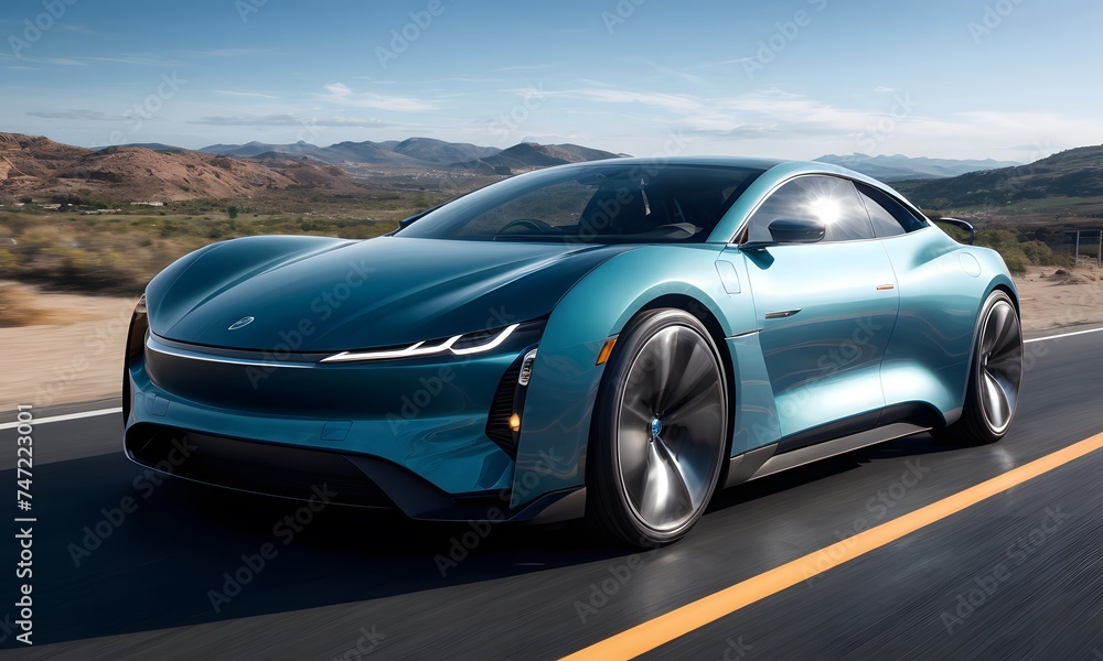 A modern electric coupe with a sleek teal design captures attention as it speeds along a desert highway. The car's dynamic lines and futuristic aesthetic represent the pinnacle of electric vehicle