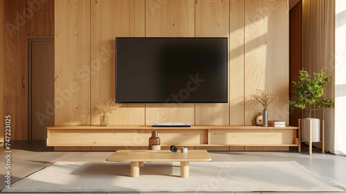 Wooden Wall-Mounted TV Cabinet in a Living Room with Leather Sofa and Minimalist Decor Accessories