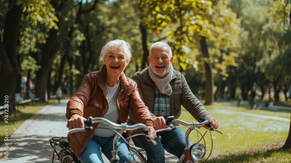 Happy active senior couple with bicycles in park together, cheerful mature couple with bicycles laughing and having fun together