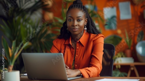 Black business woman doing work at laptop