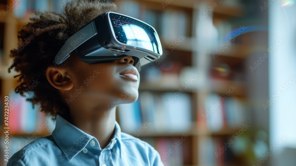 Kid wearing virtual reality goggles, Future technology concept. Kid wearing virtual reality goggles, Future technology concept.