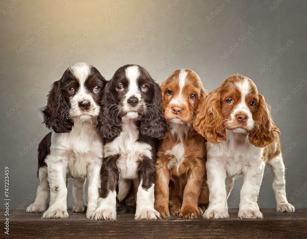 Cute funny dog group kids spaniel puppies standing together