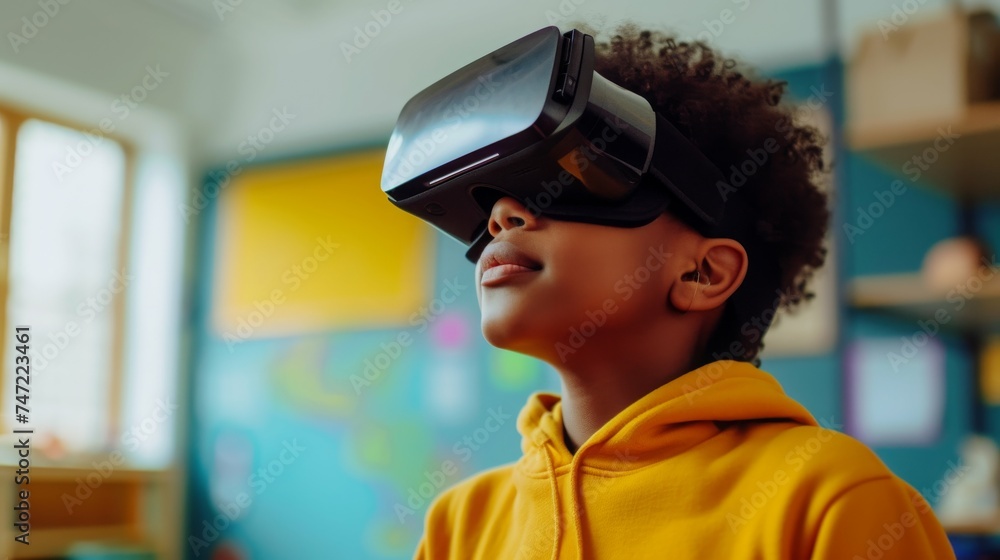 Kid wearing virtual reality goggles, Future technology concept. Kid wearing virtual reality goggles, Future technology concept.