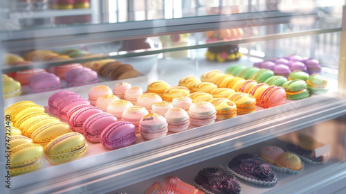 A display case filled with an assortment of brightly colored macarons and handdecorated sugar cookies. photo