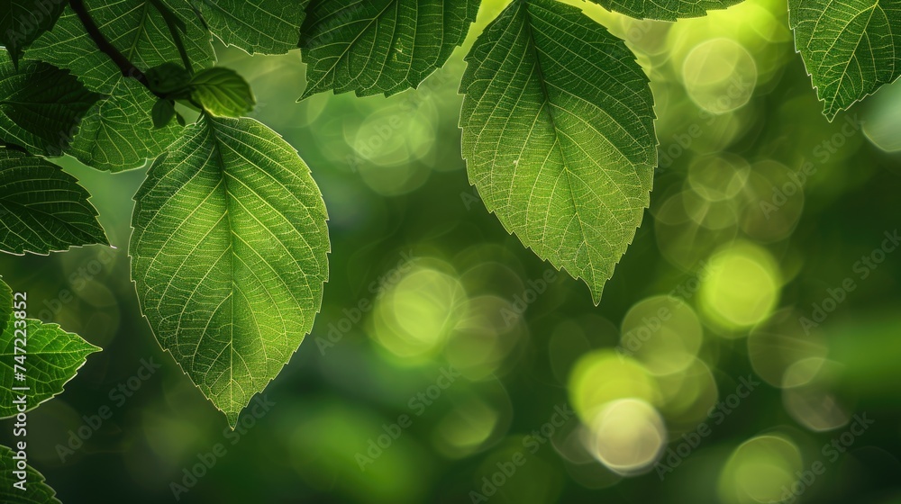 Detail of bright green leaves with sun rays filtering through, conveying calmness and purity in nature Detail of bright green leaves with sun rays filtering through, conveying calmness and purity in nature