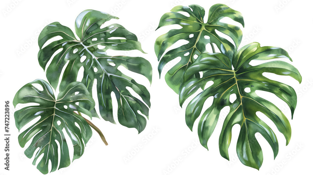 Exotic Tropical Foliage: Palm Leaves, Monstera, and More - Watercolor Vector Illustration on White Background - obrazy, fototapety, plakaty 