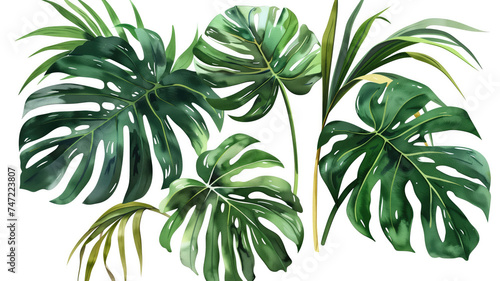 Exotic Tropical Foliage  Palm Leaves  Monstera  and More - Watercolor Vector Illustration on White Background