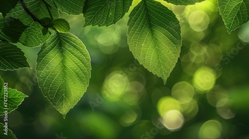 Detail of bright green leaves with sun rays filtering through, conveying calmness and purity in nature