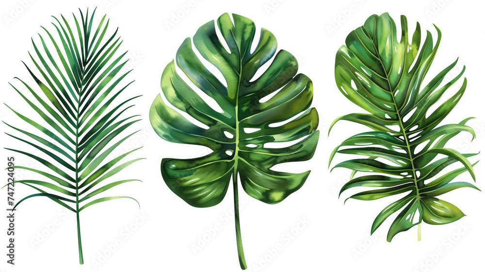 Exotic Tropical Foliage: Palm Leaves, Monstera, and More - Watercolor Vector Illustration on White Background - obrazy, fototapety, plakaty 
