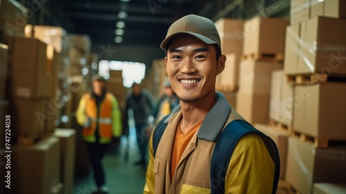 Smiling warehouse worker standing with full of box behind him
