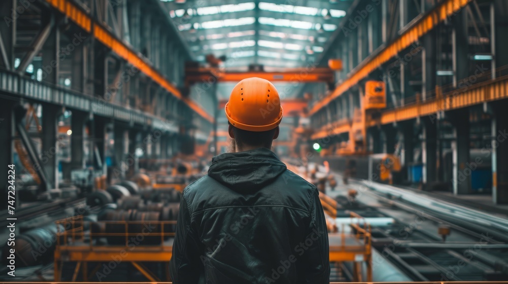 Engineer or Worker at Metallurgical plant or Steel Factory, Large Workshop Interior with industrial cranes and workers, Heavy Industry, Iron and Steelmaking. Engineer or Worker at Metallurgical plant or Steel Factory, Large Workshop Interior with industrial cranes and workers, Heavy Industry, Iron and Steelmaking.